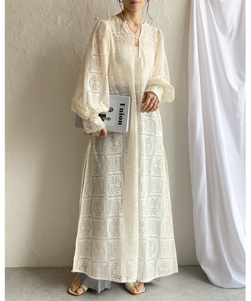 She's Closet ワンピース クロシェ編み風ブロックレースボリューム