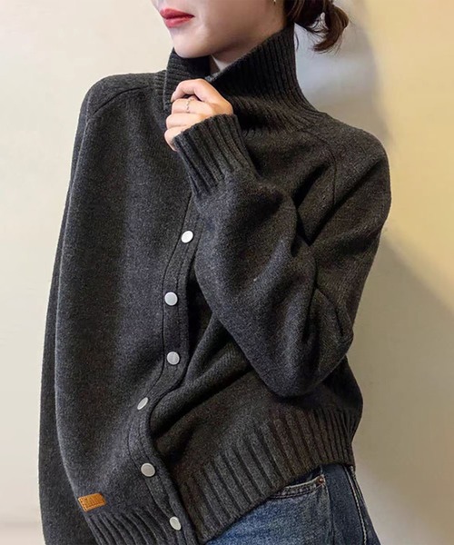 カーディガン ハイネックリブ切り替えニットカーディガン レディース