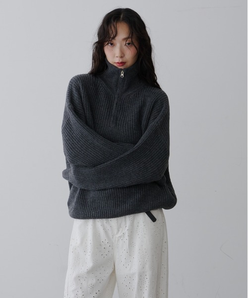 NUJOH ニット セーター Half-Zip Ribbed Knit Pullover /ハーフジップ