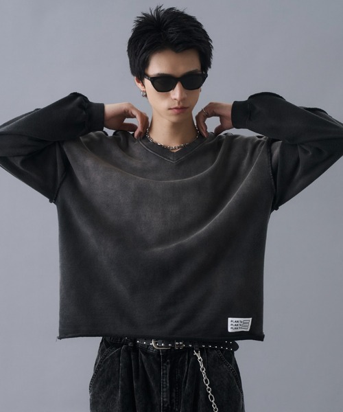 PLAN To トレーナー スウェット Aged Cropped Gradation V-neck Sweat