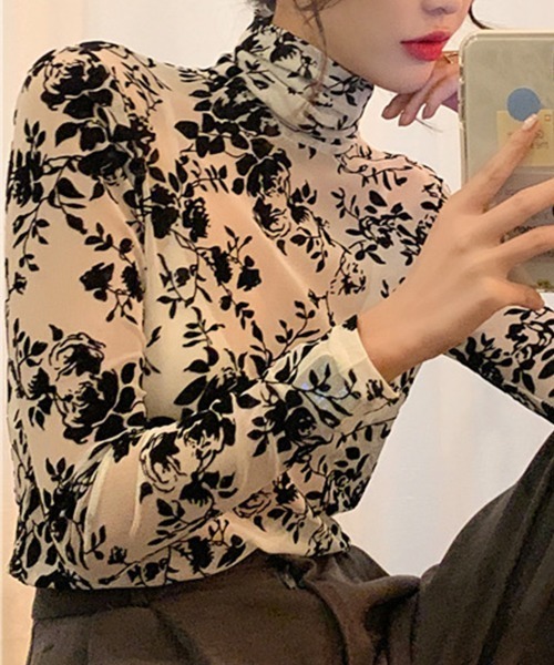 SEN TOKYO tシャツ 花柄 ハイネック シアー プルオーバー レディース