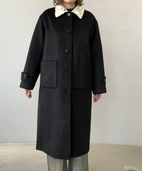 ステンカラーコート コート クロシェカラー ウールロングコート