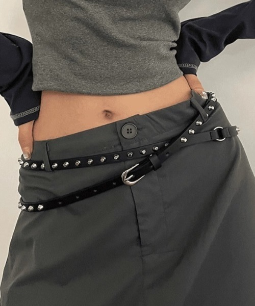 lilful ベルト Y2K ロックスタッズ 2連ロング細ベルト レディース