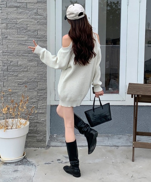 ワンピース カットオフショルダーニット ミニワンピース / 肌見せ 肩