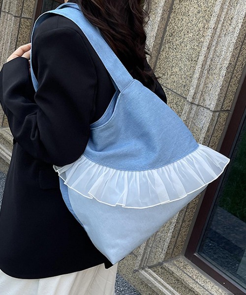 VIBGYOR トートバッグ Liaa/デニム フリル トートバッグ A18713