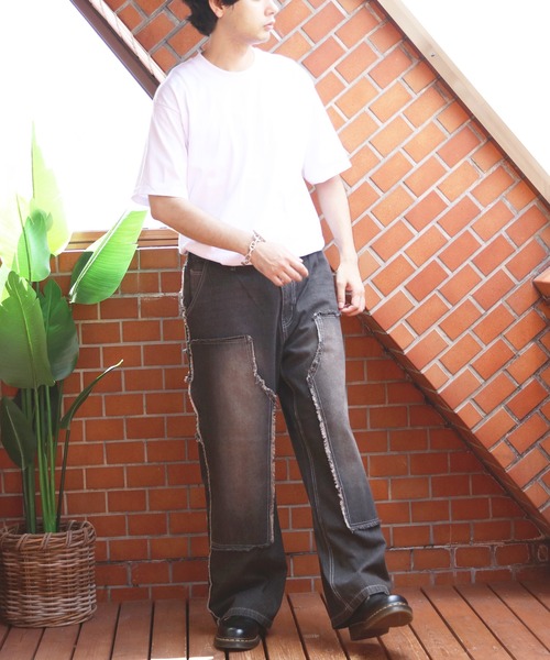 8 ジーンズ ダブルニーフリンジ加工デニムパンツ メンズ レディース