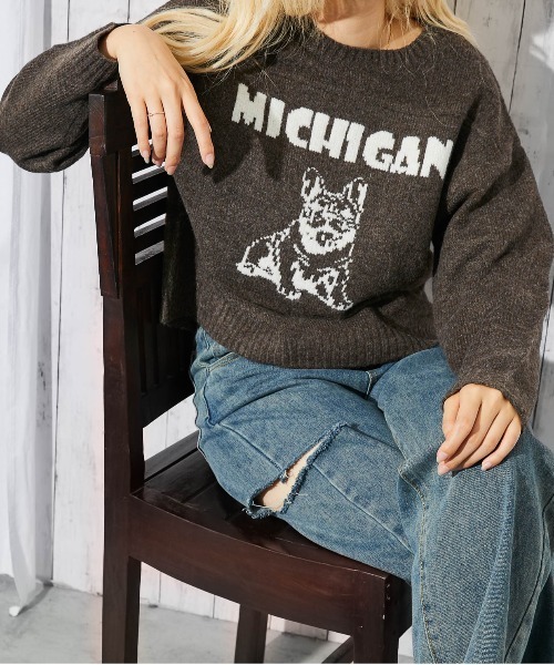 ニット セーター 「ブルドッグ柄×カレッジロゴ」レディース 静電気防止