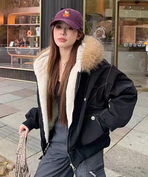 AsheKsha ブルゾン アウター 取り外し可能なファー付きフード付き防風