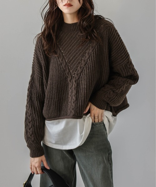 ニット セーター Vデザインケーブル編みニットトップス レディース