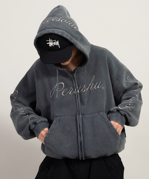 Perushu パーカー ヴィンテージライクダブルジップ裏起毛刺繍フーディ
