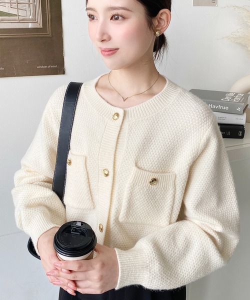 moment+ カーディガン Wポケット金ボタンニットカーディガン