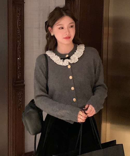 AsRiRe カーディガン ラファエルグレーステッチ レース襟ニット