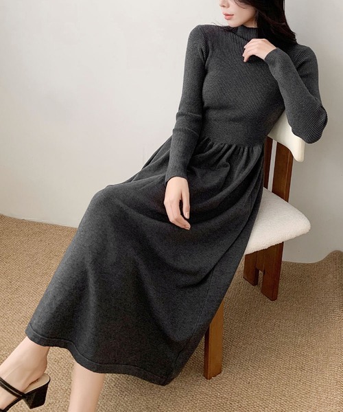 LOWO ワンピース モックネック フレア ニットワンピース ロング丈 冬
