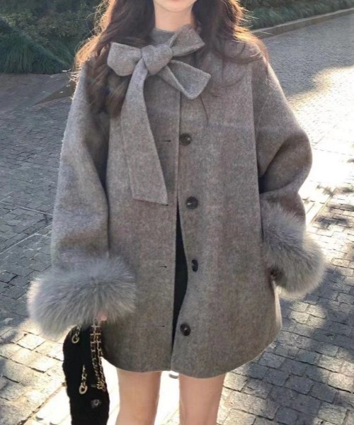 ViViDAY ピーコート pコート 襟リボン ふわふわエコファー付き袖口