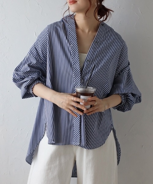 ＆HALF ブラウス シャツ ストライプ袖シャーリングブラウス レディース