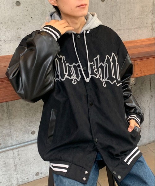 デトロイトライオンズ バックロゴ 袖革 スタジャン リブライン Lサイズ