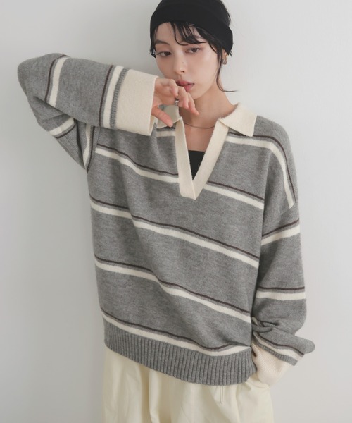LIAN（リアン） ニット セーター アルパカタッチボーダーポロニット