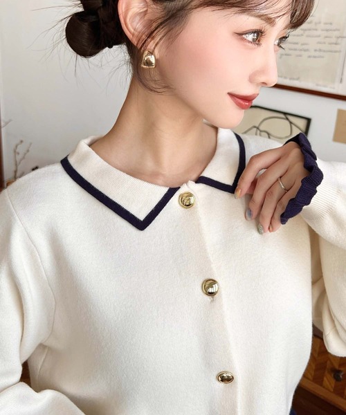 moment+ カーディガン えり付き配色フリルカーディガン レディース