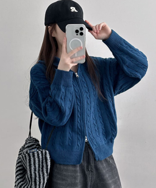 ニット セーター ダブルジップ ケーブルニットカーディガン レディース