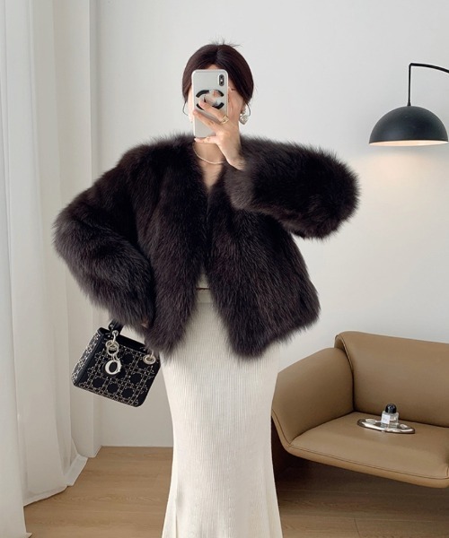 コート アウター ノーカラー ショート丈 フェイクファーコート