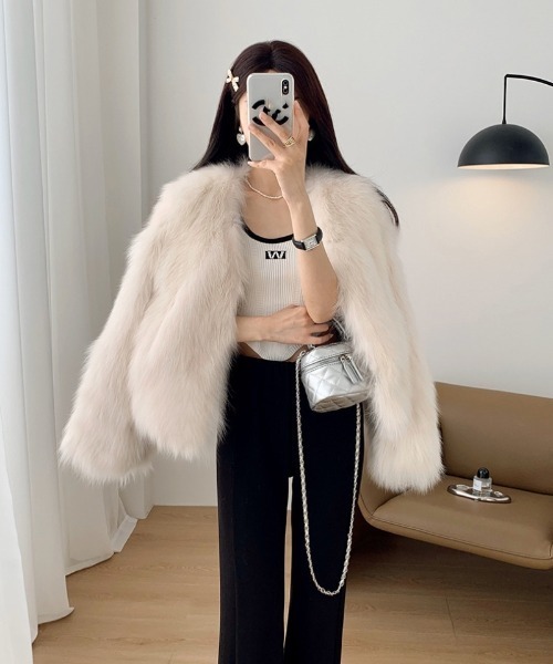 コート アウター ノーカラー ショート丈 フェイクファーコート