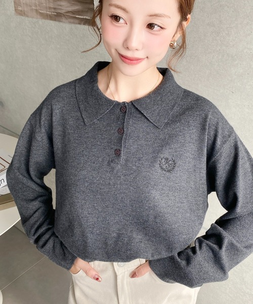 moment+ ニット セーター 12G ワンポイント刺繍入り衿付きポロニット