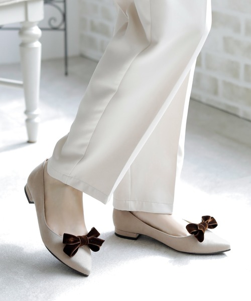 パンプス 晴雨兼用 ベルベットリボン ポインテッドトゥ パンプス「日本
