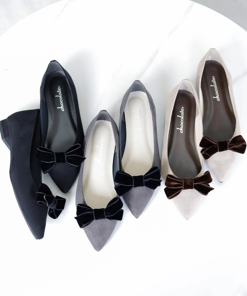 パンプス 晴雨兼用 ベルベットリボン ポインテッドトゥ パンプス「日本