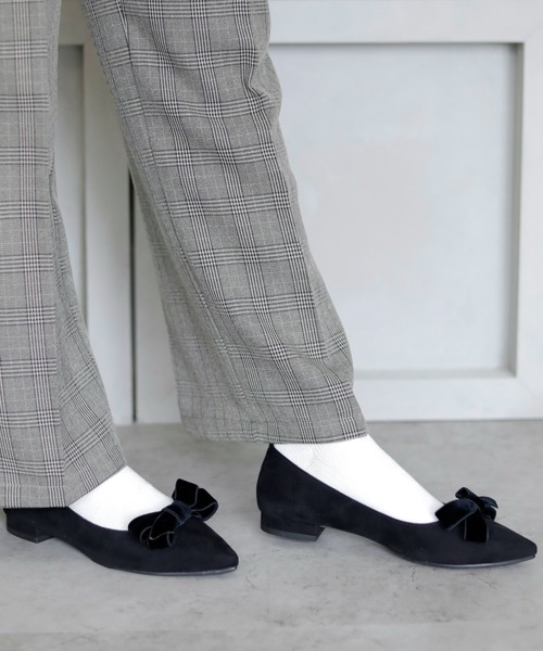 パンプス 晴雨兼用 ベルベットリボン ポインテッドトゥ パンプス「日本