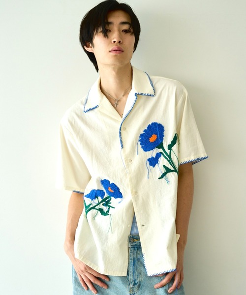 Camphor wood シャツ flower embroidery SAGARA h/s shirt / サガラ花