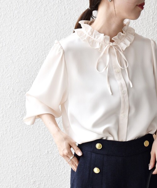 SHIPS any ブラウス シャツ any:「洗濯機可能」サテン フリル カラー