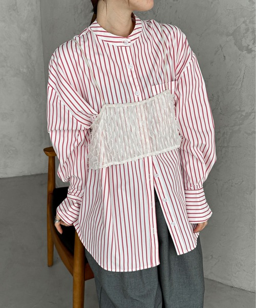 feepur（フェピュール） ブラウス シャツ ノーカラーストライプビッグ