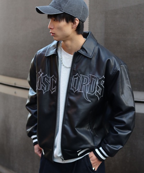 スタジャン フロントロゴ刺繍フェイクレザースタジャン メンズ
