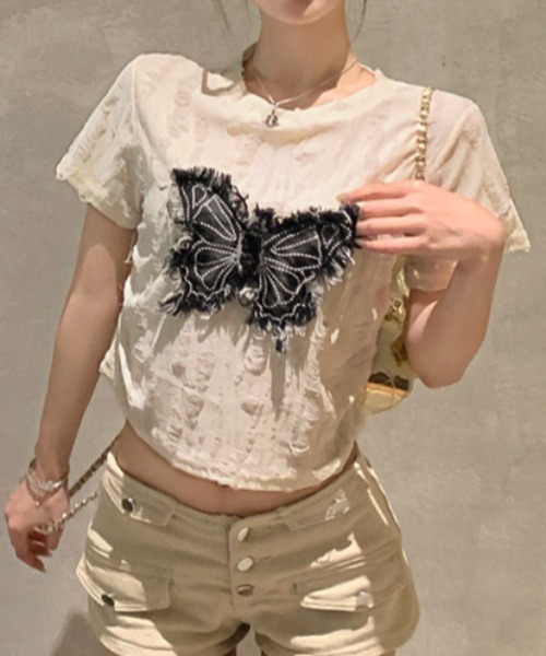 DIAVEL tシャツ バタフライOR刺繍ロゴ/ サイドシャーリング パッチ