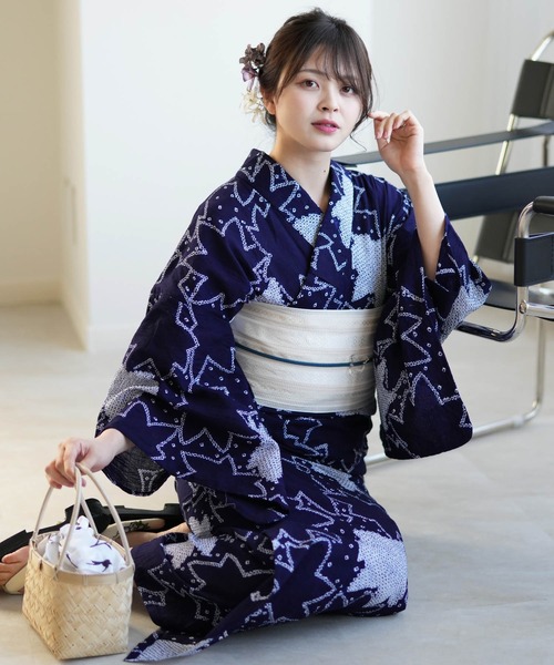utatane 浴衣 有松絞り浴衣3点セット 藍色にアイビー レディース