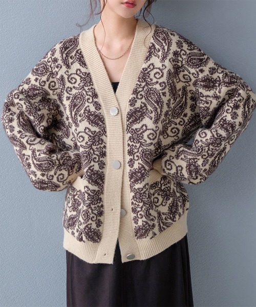 カーディガン ペイズリー柄 ジャガードニットカーディガン レディース
