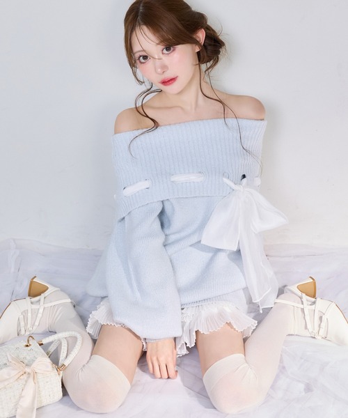 one after another NICE CLAUP ワンピース リボン付きオフショルニット