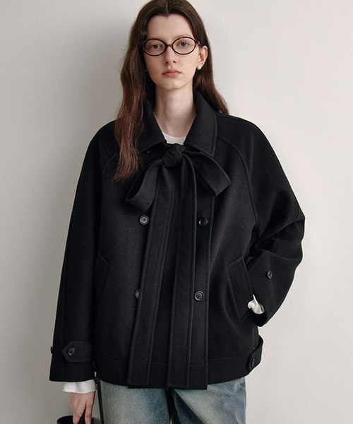 ピーコート pコート ダブルブレスト リボンタイショートコート