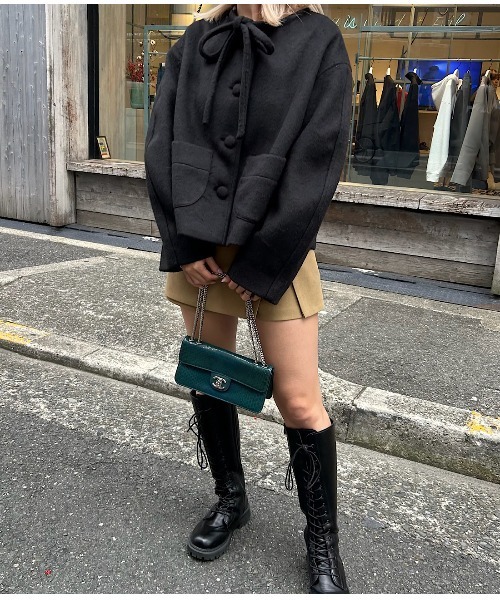 ジャケット ノーカラージャケット リボンタイ ショートウールコート