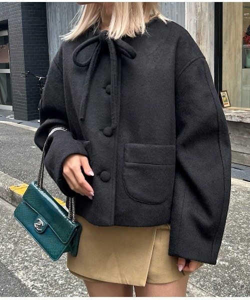 ジャケット ノーカラージャケット リボンタイ ショートウールコート