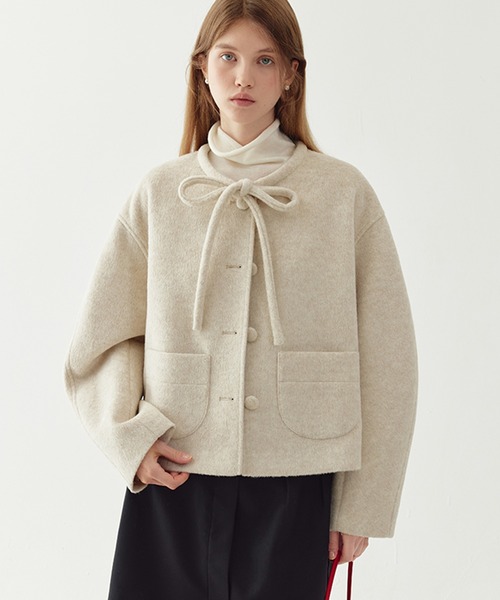 ジャケット ノーカラージャケット リボンタイ ショートウールコート