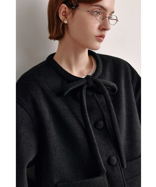 ジャケット ノーカラージャケット リボンタイ ショートウールコート
