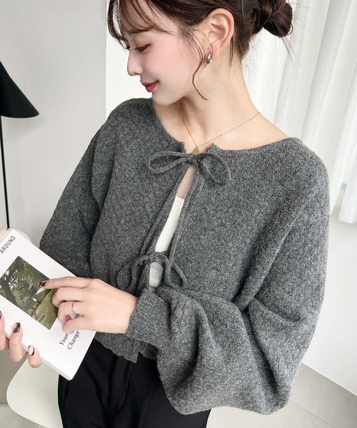 moment+ カーディガン 前後2WAYポップコーン編みスカラップリボン