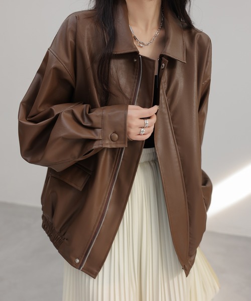 レザージャケット ライダース 襟付きPUレザージャケット レディース