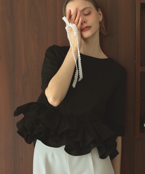 MERAKI ブラウス シャツ 5分袖裾フリルブラウス レディース : ZOZOTOWN