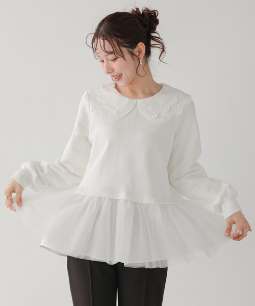 Fit more（フィットモア） レース衿裾ドッキングスウェット レディース