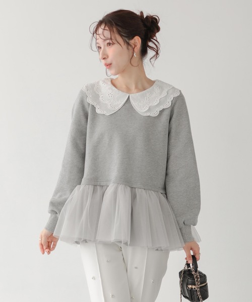 Fit more（フィットモア） レース衿裾ドッキングスウェット レディース