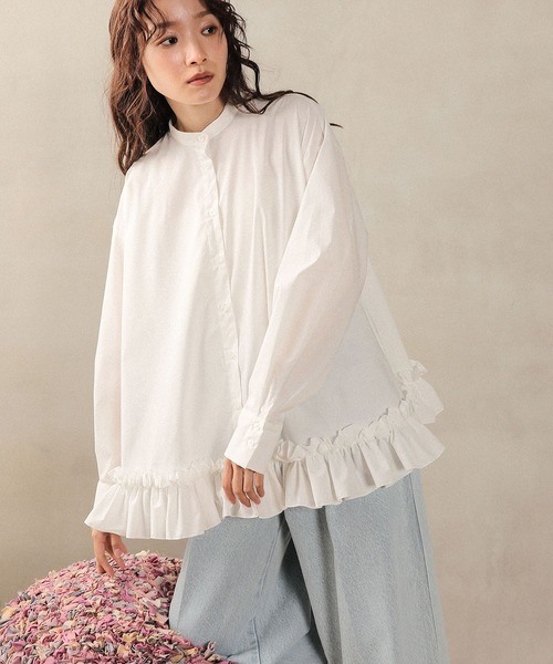 en CAnAF ブラウス シャツ ブロード裾 フリル ブラウス バンドカラー