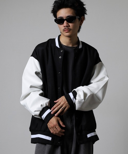 RE730 スタジャン ウールライク メルトン 袖PUレザー ビッグスタジャン