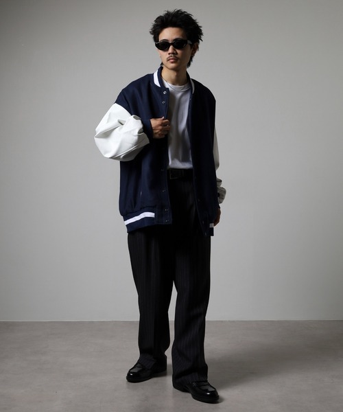 RE730 スタジャン ウールライク メルトン 袖PUレザー ビッグスタジャン